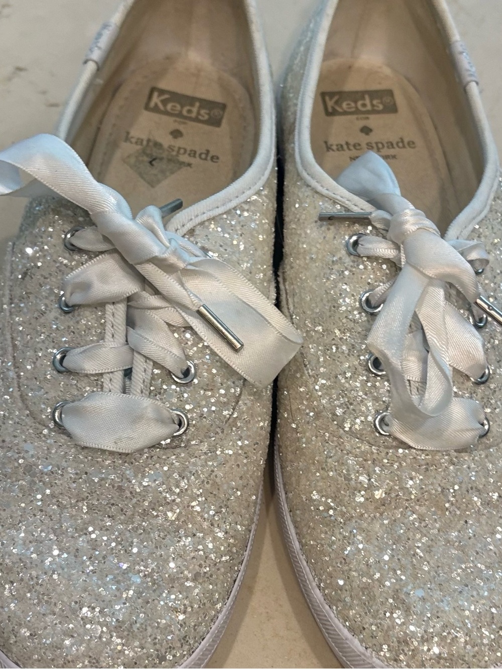 Kate Spade x Keds White Glitter Satin Ribbon Lace-Up Sneakers